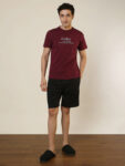 Sleepz By Raymond Men Printed Maroon, Black Night Suit Set