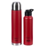 Pigeon By Stovekraft Therminox Stark Plus Vacuum Insulated Flask 1000Ml + Inox Hydra Single Walled Fridge Bottle 900Ml Bottle Combo, (Red) |Leak Proof|Kitchen|Travel|Office|Gym|Stainless Steel