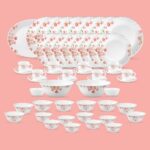 La Opala Diva Classique Collection Opal Glass Crockery | For Family Of 8 | Dinner Set 53 Pcs Aster Pink | Plates, Bowls & Cups For Dining | Microwave Safe | 100% Vegetarian | Extra Strong | White