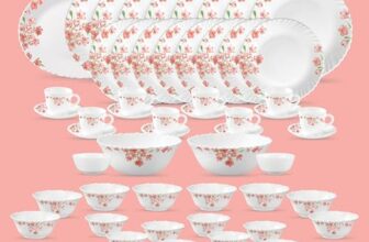La Opala Diva Classique Collection Opal Glass Crockery | For Family Of 8 | Dinner Set 53 Pcs Aster Pink | Plates, Bowls & Cups For Dining | Microwave Safe | 100% Vegetarian | Extra Strong | White