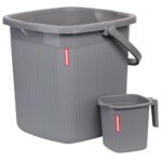 Modware Square Ribbon Plastic Bucket Set With Mug | 20 L Bathroom Bucket With Handle + 1L Mug | Heavy-Duty Polypropylene + Co-Polymer | Stylish & Durable Bath Set (Grey)