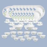 La Opala Diva Classique Collection Opal Glass Crockery | For Family Of 8 | Dinner Set 53 Pcs Blue Daisy | Plates, Bowls & Cups For Dining | Microwave Safe | 100% Vegetarian | Extra Strong | White