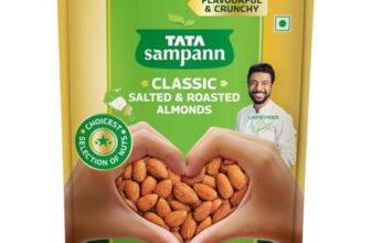 Tata Sampann Classic Salted & Roasted Almonds/Badam, Flavourful & Crunchy Snack, Handpicked, Salted & Slow Roasted Almonds, Rich In Protein, Magnesium, And Phosphorus, No Artificial Colours, Preservatives & Flavours, 190G