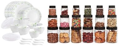 Cello Tropical Lagoon Dazzle Series Opalware Dinner Set, 35 Pieces, Service For 6, White, Extra Large & Cello Checkers Plastic Pet Canister Set, 18 Pieces, Clear
