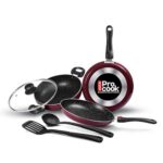 Milton Pro Cook Kitchen Pride Non-Stick Cookware Set Of 5 | Includes Nonstick Tawa, Frying Pan, Kadhai With Lid, Nylon Laddle & Spatula | Non-Induction Base | Peach Color