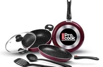 Milton Pro Cook Kitchen Pride Non-Stick Cookware Set Of 5 | Includes Nonstick Tawa, Frying Pan, Kadhai With Lid, Nylon Laddle & Spatula | Non-Induction Base | Peach Color