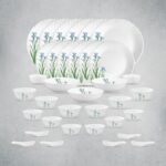La Opala Opal Glass Crockery | For Family Of 6 | Dinner Set 35 Pcs Blue Florets | Plates & Bowls For Dining | Microwave Safe | 100% Vegetarian | Extra Strong | Extra Light & White