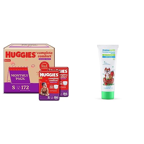 Huggies Complete Comfort Wonder Pants, Small (S) Combo Pack Of 2, 86 Count Per Pack, (172 Count) & Mamaearth 100% Natural Berry Blast Kids Toothpaste, Oral Care – 50 Gm