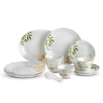 Cello Imperial Series Opalware Dinner Set 33 Pcs | Lush Foliage | Opal Glass, Lightweight & Chip-Resistant | Microwave Safe, Dishwasher Safe | Scratch-Resistant Dinnerware | White