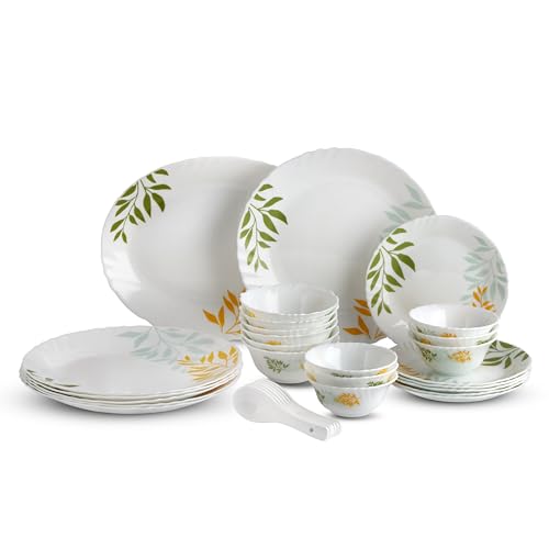 Cello Imperial Series Opalware Dinner Set 33 Pcs | Lush Foliage | Opal Glass, Lightweight & Chip-Resistant | Microwave Safe, Dishwasher Safe | Scratch-Resistant Dinnerware | White