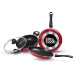 Milton Pro Cook Kitchen Pride Set Of 3 Non Stick Cookware | Non Induction I Cooking Pan, Kadhai With Lid, Tawa I Maroon