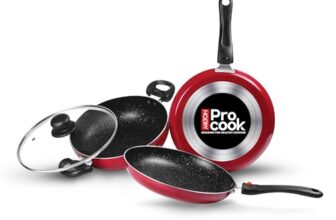 Milton Pro Cook Kitchen Pride Set Of 3 Non Stick Cookware | Non Induction I Cooking Pan, Kadhai With Lid, Tawa I Maroon