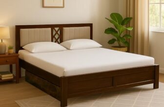 Excel International Cross Pettern Design Solid Sheesham Wood Queen Size Bed With Drawer Storage | Double Bed With Box Storage & Upholstered Cushined Headboard For Bedroom | Rosewood, Provincial Teak