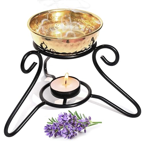 Pure Source India Oil Diffuser Set With Metal Powder Coated Stand And Pure Brass Bowl With 1 Tea Light And 10 Ml Lemon Grass Aroma .(Oil Diffuser Set)