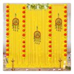 Shimmers Festive Decoration Kit Set Of 12 | Marigold Garlands, Dream Catcher Wall Hangings, Yellow Curtains & Hooks | Traditional Backdrop Decor For Diwali, Pooja, Housewarming & Home Celebration