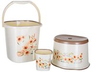 Nayasa Square Ring Dlx Plastic Set Of 3 (Bucket 18 L+Mug 1.5 L + Stool) Bathroom Utility Combo With Bucket, Bath Mug And Plastic Stool For Home, Bathroom And Daily Use, Cream
