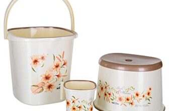 Nayasa Square Ring Dlx Plastic Set Of 3 (Bucket 18 L+Mug 1.5 L + Stool) Bathroom Utility Combo With Bucket, Bath Mug And Plastic Stool For Home, Bathroom And Daily Use, Cream