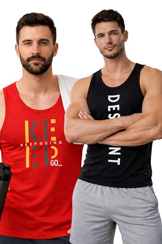 Glito Polyester Letter Printed Vest For Men – Pack Of 2 – Black & Red | Round Neck | Sleeveless | Regular Fit | Summer & Gym Wear Tank Top For Men