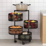 Homewiz 4-Layer Round Kitchen Trolley | Movable Storage Organizer For Fruits & Vegetables | Perforated Mesh Baskets With Solid Flat Top | Multipurpose Rack For Onion & Potato | Rust-Resistant | Black