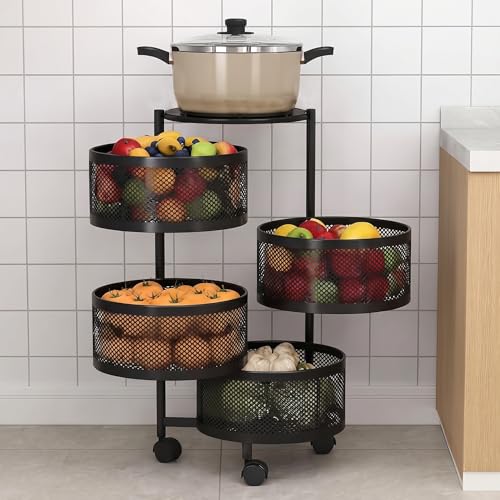 Homewiz 4-Layer Round Kitchen Trolley | Movable Storage Organizer For Fruits & Vegetables | Perforated Mesh Baskets With Solid Flat Top | Multipurpose Rack For Onion & Potato | Rust-Resistant | Black