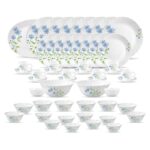 La Opala Diva Classique Collection Opal Glass Crockery | For Family Of 8 | Dinner Set 53 Pcs Blue Daisy | Plates, Bowls & Cups For Dining | Microwave Safe | 100% Vegetarian | Extra Strong | White