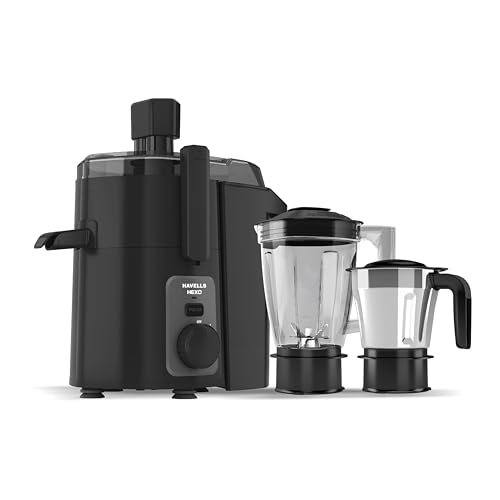 Havells Hexo 950 Watt Juicer Mixer Grinder | Copper Motor With Double Ball Bearing | 2 Jars (Polycarbonate & Ss) | 22000 Rpm | 100 Min Continuous Run | Metal Teeth Coupler | (Black & Silver)