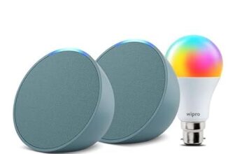 Amazon Echo Pop (Green) Gift Twin Pack With Wipro 9W Simple Setup Led Smart Color Bulb And Alexa | With Smart Home Controls