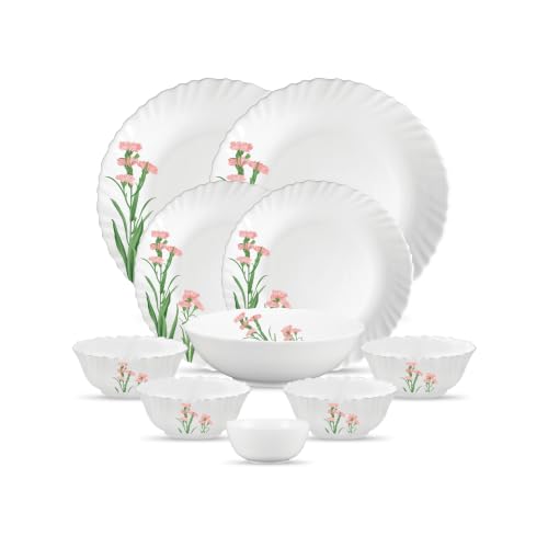 La Opala Opal Glass Crockery | For Family Of 2 | Dinner Set 10 Pcs Pink Florets | Plates & Bowls For Dining | Microwave Safe | 100% Vegetarian | Extra Strong | Extra Light & White