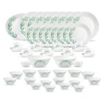 La Opala Diva Classique Collection Opal Glass Crockery | For Family Of 8 | Dinner Set 53 Pcs Olive Trails | Plates, Bowls & Cups For Dining | Microwave Safe | 100% Vegetarian | Extra Strong | White