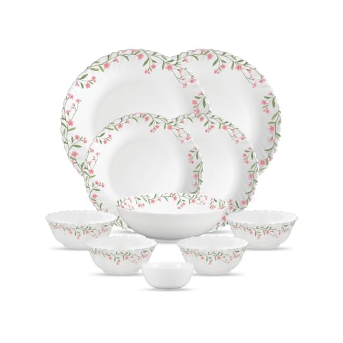 La Opala Opal Glass Crockery | For Family Of 2 | Dinner Set 10 Pcs Spring Meadows | Plates & Bowls For Dining | Microwave Safe | 100% Vegetarian | Extra Strong | Extra Light & White