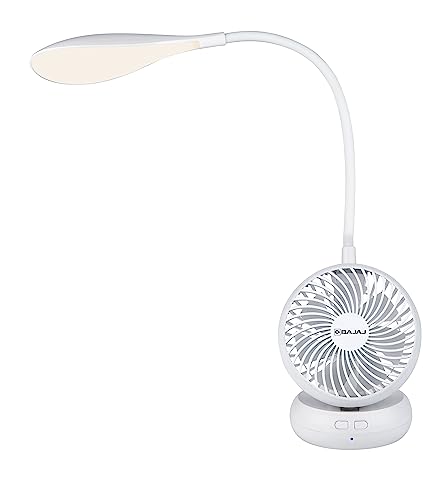 Bajaj Airlight 85 Mm Personal Rechargeable Fan With Task Lighting | 8 W Table Fan | 360-Degree Table Lamp | 3-6 Hours Battery Backup | Silent Operation | Usb Charging Fan | 1-Year Warranty 【White】