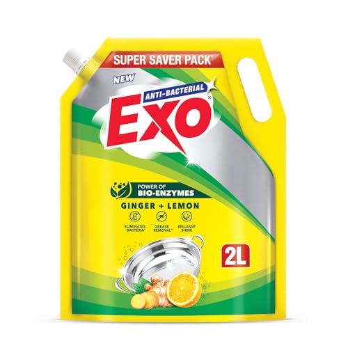 Exo Dishwash Liquid Refill Pack | Ginger & Lemon | Tough Grease Removal For Utensils | Anti-Bacterial Dishwashing Liquid | Bio-Enzyme Liquid Dishwash | No Residue Cleaning – 2L