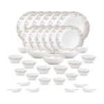 La Opala Opal Glass Crockery | For Family Of 6 | Dinner Set 35 Pcs Spring Meadows | Plates & Bowls For Dining | Microwave Safe | 100% Vegetarian | Extra Strong | Extra Light & White