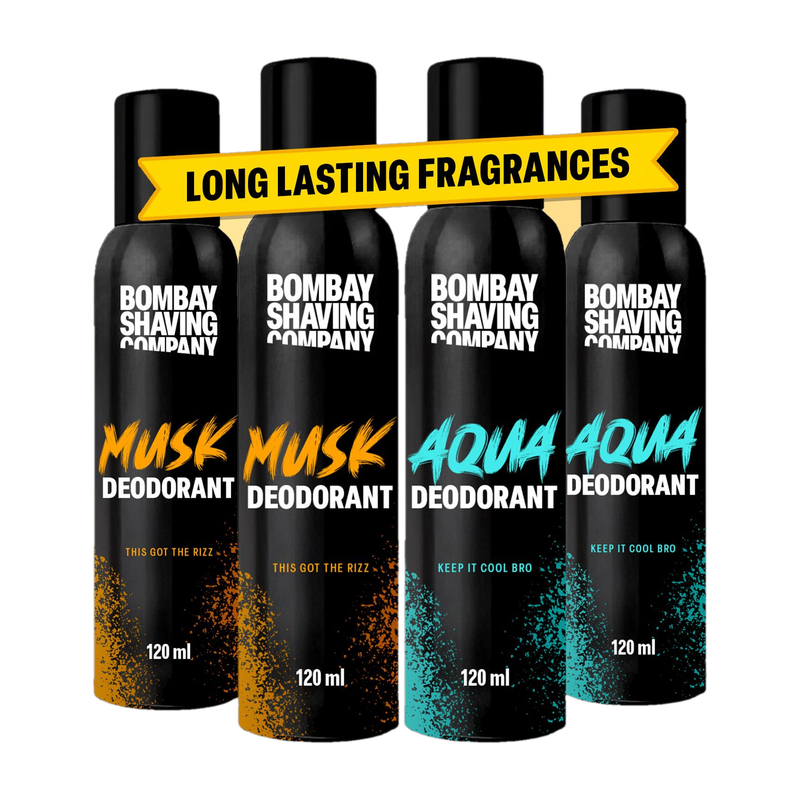 Bombay Shaving Company Fresh Aqua & Intense Musk 120Mlx4 Combo Deodorant Luxury Long Lasting Fragrance Deodorant Spray  –  For Men & Women(480 Ml, Pack Of 4)