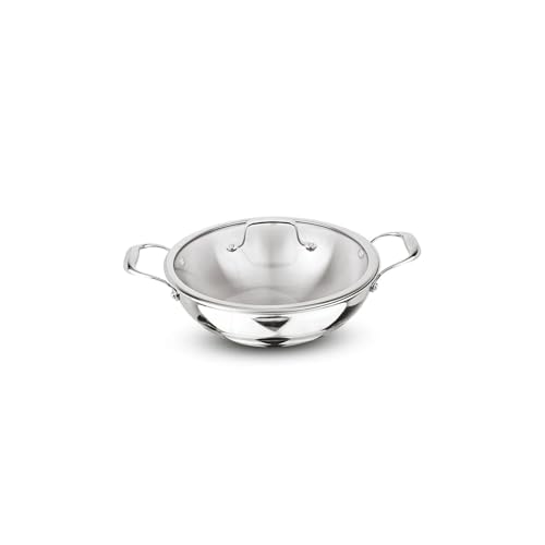 Signoraware Artista Tri Ply Stainless Steel Shallow Kadhai 18Cm With Glass Lid | Induction & Gas Compatible | Durable | Ideal For Stir Frying & Sauteing | Best For Curry & Gravies (1.2 Ltr | Steel)
