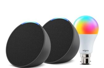Amazon Echo Pop (Black) Gift Twin Pack With Wipro 9W Simple Setup Led Smart Color Bulb And Alexa | With Smart Home Controls