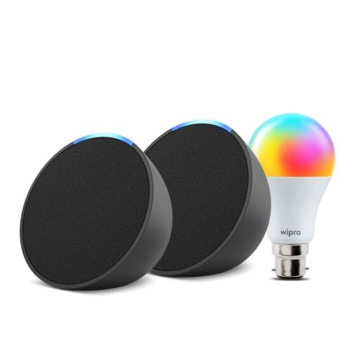 Amazon Echo Pop (Black) Gift Twin Pack With Wipro 9W Simple Setup Led Smart Color Bulb And Alexa | With Smart Home Controls