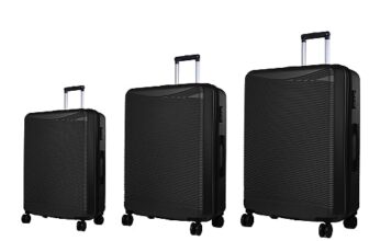 Verage V-Lite Firestone Combo Set Of 3 (Cabin + Medium + Large Check-In) Bold Black Hardsided Trolley Bags For Travel, Suitcases With Spinner Wheels, Anti-Theft Luggage (20/24/28 Inche)