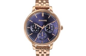 Sonata Verve Quartz Analog With Navy Blue Dial Rose Gold Sheet Metal Strap Watch For Women – 87102Wm01