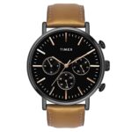 Timex Analog Watch For Man With Black Round Dial & Tan Leather Strap Band Water Resistant Men’S Wrist Watches – Tweg20006