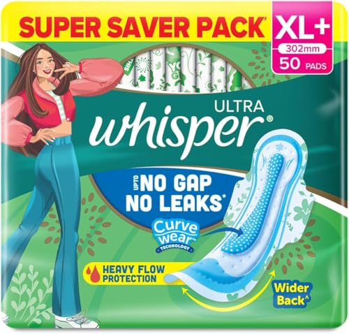 Whisper Ultra Upto No Gap No Leaks* Sanitary Pads, 50 Xl+ Pads, For Heavy Flow Protection, With Curvewear Technology, Cotton Like Softness, Disposable Wrapper, Locks Odour & Wetness (*Based On P&G Technical Data) (Product Does Not Contain Cotton)