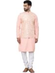 Sojanya (Since 1958 Men’S Pure Cotton Peach Kurta And White Pyjama With Sequins Pink Nehru Jacket