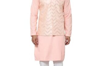 Sojanya (Since 1958 Men’S Pure Cotton Peach Kurta And White Pyjama With Sequins Pink Nehru Jacket