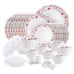 Cello Opalware Dazzle Series Red Rose Fantasy Dinner Set, 57Pcs | Opal Glass Dinner Set For 8 | Light-Weight, Daily Use Crockery Set For Dining | White Plate And Bowl Set