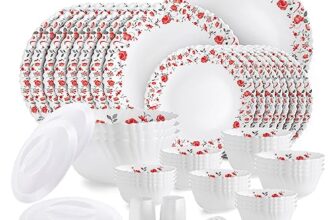 Cello Opalware Dazzle Series Red Rose Fantasy Dinner Set, 57Pcs | Opal Glass Dinner Set For 8 | Light-Weight, Daily Use Crockery Set For Dining | White Plate And Bowl Set