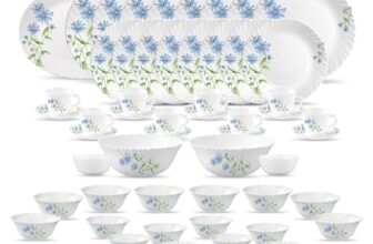 La Opala Classique Opalware Dinner Set, 53 Pcs For Family Of 8, Blue Daisy