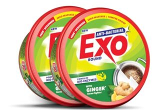 Exo Round Dishwash Bar 700Gm X 2 | Complete Dishwashing Solution With Anti-Bacterial Efficacy & Goodness Of Ginger Remove Tough Grime Stains With Ease | Experience Hygienic & Superior Cleaning
