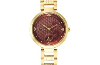 Titan Classique Plain 3 Hands Red Round Dial Yellow Plating A1Stainless Steel Strap Men’S Watch – 2480Ym04