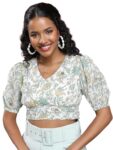 Tokyo Talkies Green Floral Printed Puff Sleeves Tie Ups Crop Top