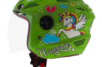 Steelbird Sba-6 Unicorn Isi Certified Open Face Graphic Helmet For Women And Kids (X-Small 540 Mm, Matt Green With Clear Visor)